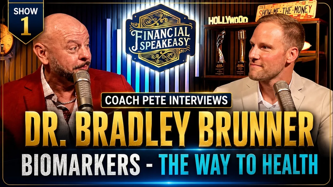 Dr Bradley Brunner being interviewed by Coach Pete about biomarkers and health on a podcast set.